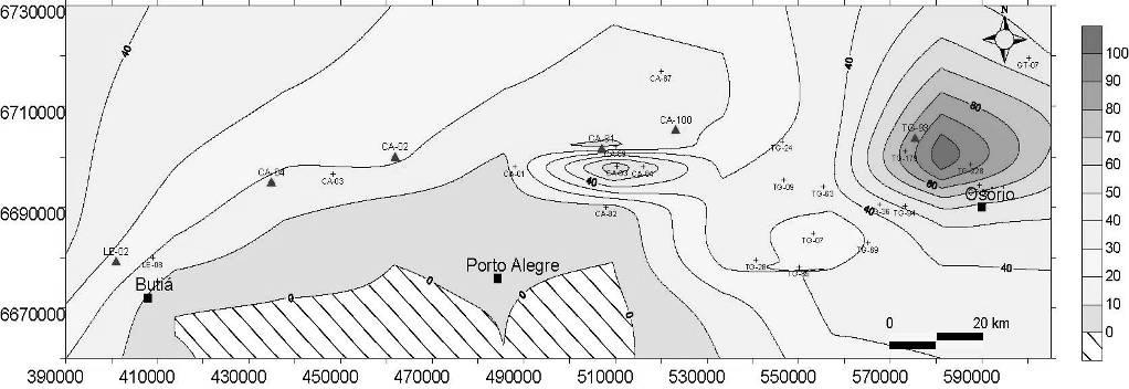 As maiores espessuras para este trato na área 1 são de aproximadamente 100 metros nos poços situados a porção nordeste e leste da área (Figura 32).