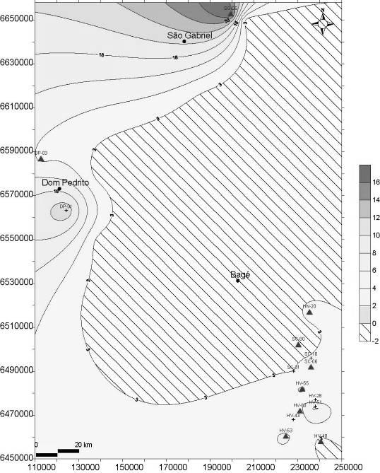 Figura 41 - Mapa de isópaca mostrando a espessura do TSMB 3 na área 3. 3.2.3 ESTRATIGRAFIA DE SEQUENCIAS DE 4 ORDEM A análise do arcabouço estratigráfico de 4º ordem (0,08-0,05 M.a, Vail et al.