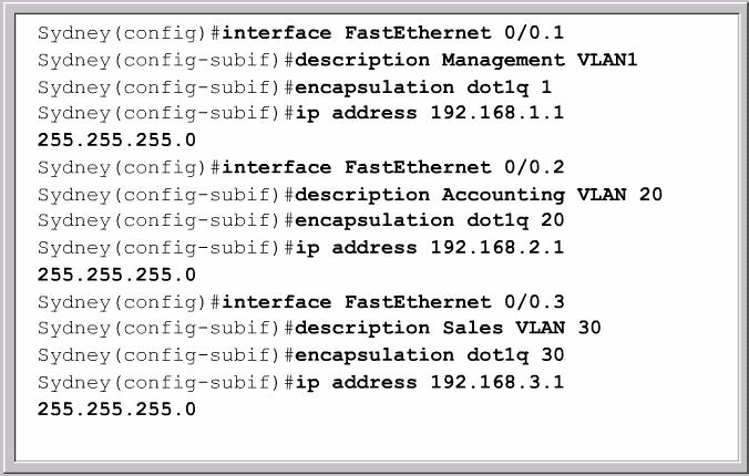 No exemplo, o roteador possui três subinterfaces configuradas na interface Fast Ethernet 0/0. Essas três interfaces são identificadas como 0/0.1, 0/0.2 e 0/0.3.