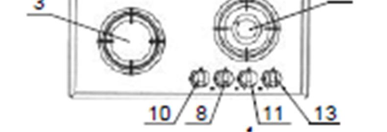 CARACTERÍSTICAS DO PRODUTO Queimadores de gás 1. Queimador traseiro esquerdo 65 mm (90 mm) 2. Queimador esquerdo 120 mm 3. Queimador frontal esquerdo 120 mm 4. Queimador traseiro direito 65 mm 5.