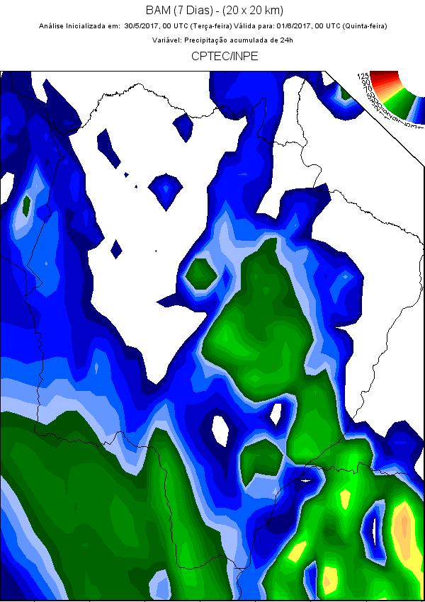 Previsão do tempo para o Mato Grosso do Sul De acordo com o modelo Global BAM (11 Dias) - (20 x 20 km), a previsão numérica do tempo haverá sol e poucas nuvens, temperatura baixa no estado, entre os