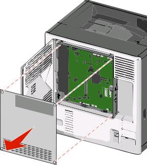 b Desloque o painel de metal para a esquerda para soltar os ganchos e, depois, puxe-o para frente para removêlo.