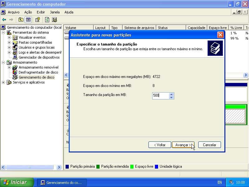 Capítulo 12 Laboratório/Aluno Digite 500 no campo Tamanho da partição em MB:.