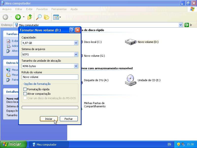 Etapa 3 A janela Formatar Novo volume (D:) é exibida.