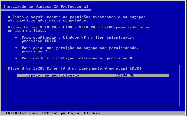 Capítulo 5 Laboratório/Aluno Etapa 4 Selecione o disco rígido ou a partição em que o Windows XP será instalado.