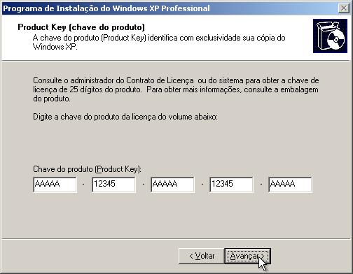 Capítulo 5 Laboratório/Aluno Etapa 7 A página Product Key (chave do produto) é exibida.