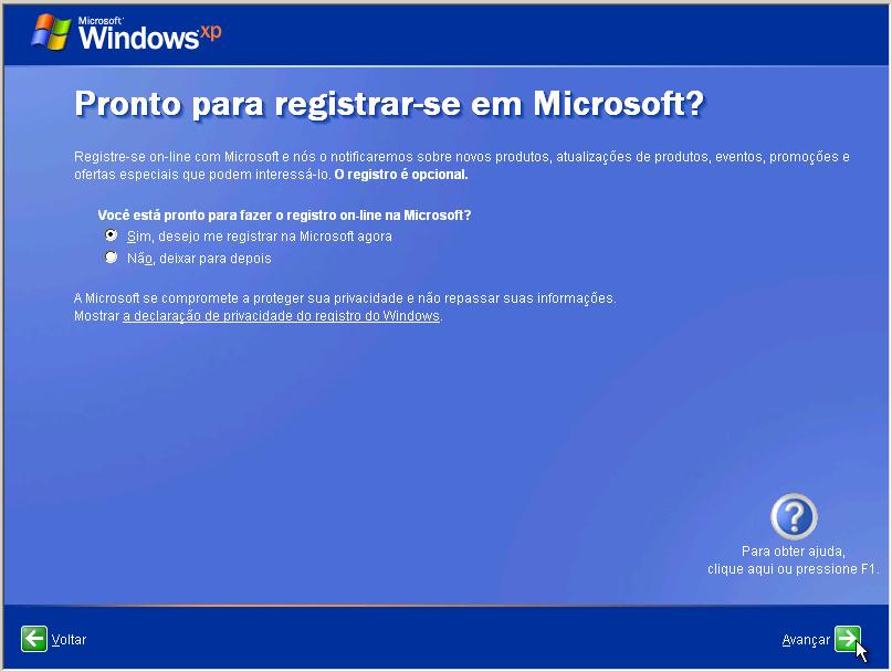 Capítulo 5 Laboratório/Aluno Etapa 17 A tela Instalação do Windows XP Professional exibe a tela Vamos ativar o Windows?. Se já estiver conectado à Internet, clique em Sim e em Avançar.