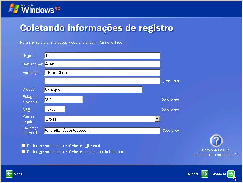 Capítulo 5 Laboratório/Aluno Etapa 19 Na tela Coletando informações de registro, preencha os campos usando as informações fornecidas pelo instrutor e clique em