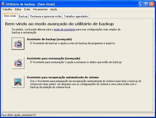 Capítulo 5 Laboratório/Aluno Etapa 2 Clique em Modo avançado. A janela Utilitário de backup é exibida.