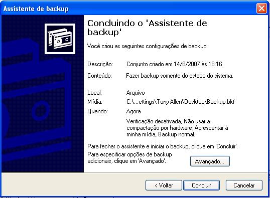 Capítulo 5 Laboratório/Aluno Etapa 8 Clique em Avançar. A janela Concluindo o Assistente de backup é exibida. Etapa 9 Clique em Avançado... A janela Tipo de backup é exibida.