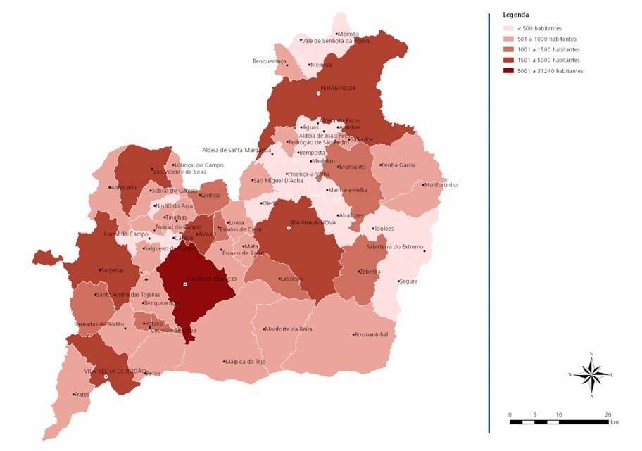 Esta contínua perda de população das freguesias rurais conduziu a índices populacionais muito baixos. Em 21, cerca de 3/4 das freguesias da BIS apresentavam menos de 1 habitantes (cf.