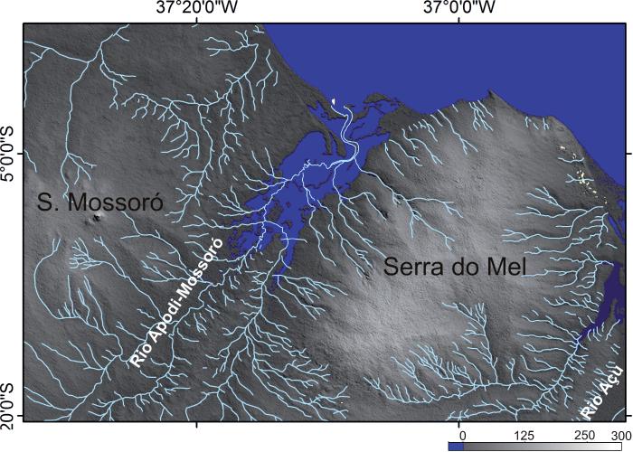 Inversão Neotectônica do Relevo na Bacia Potiguar, Nordeste do Brasil. Figura 5 - Drenagem e topografia na parte central da Bacia Potiguar.
