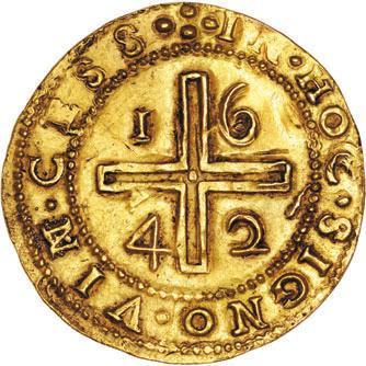 D. JOÃO IV (1640-1656) 57* Ouro 4 Cruzados 1642 escudo ladeado MUITO RARA MBC+ 20000 110.02 J4.1 PM 98-R 3 12,24g IOANNES IIII D G REX PORTVGALIE IN HOC SIGNO VIN CESS A lei de D.