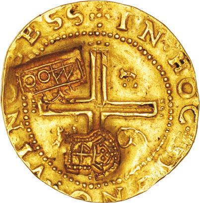 68* Ouro 4 Cruzados 1642 escudo ladeado (110.01), RARÍSSIMA MBC+ 45000 Com carimbos 4 coroado (50.04) e 4400 coroado (35.04) 35.04 PR.17 PM 116 - R 3 10.