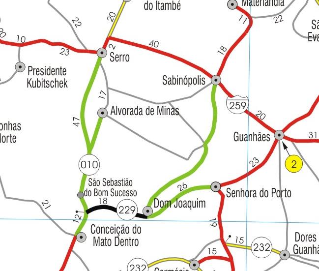 3.7.1 - Dom Joaquim Entroncamento MG-010 O trecho está localizado na região central de Minas Gerais na MG-229, que faz a ligação entre Dom Joaquim e a MG-010 com extensão de 17,24 km, conforme mapa