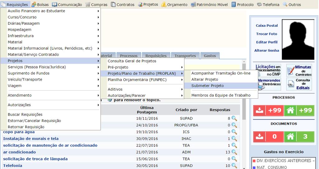 Submeter Projeto Sistema Módulo Usuários SIPAC Portal Administrativo Servidores Esta funcionalidade é utilizada pelos servidores com acesso ao sistema, permitindo que sejam cadastrados e submetidos