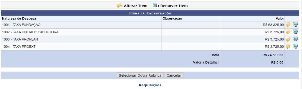 Na figura 18 é possível ver todos os itens cadastrados. Para alterar algum item, clique no ícone para remover, clique em.