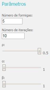 1.2.2 Parâmetros Figura 34 - Parâmetros i. Número de formigas, foi utilizado um campo do tipo input do tipo number com o valor mínimo 5 e máximo 100.