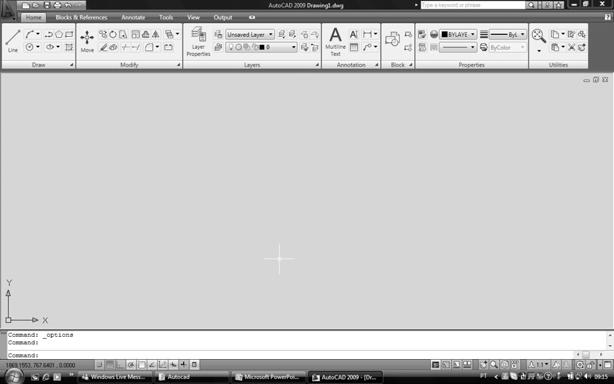 Interface do AutoCAD Menus de queda ; Barras de ferramentas standard e de propriedades de objectos; Janela de texto para introdução de comandos; Barra de estados; Barras de desenho e de edição.