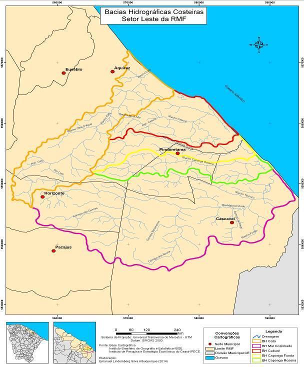 Figura 1 Recorte espacial das bacias hidrográficas costeiras do setor leste metropolitano de Fortaleza, Estado do Ceará. Fonte: Elaborado pelo autor (2014).