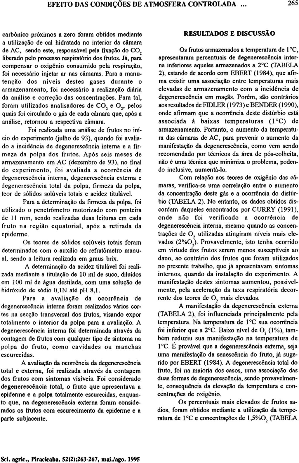 carbônico próximos a zero foram obtidos mediante a utilização de cal hidratada no interior da câmara de AC, sendo este, responsável pela fixação do CO 2 liberado pelo processo respiratório dos frutos.