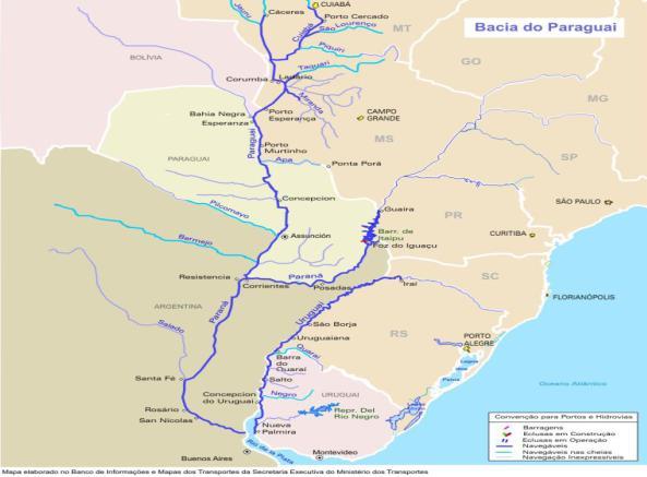 uma importante hidrovia natural para o Brasil, Bolívia e Paraguai; Obs.