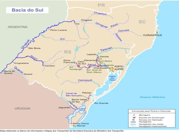 da junção dos rios Canoas e Pelotas e é utilizado para navegação no trecho entre planície São Borja e Uruguaiana.