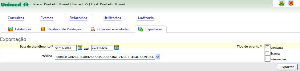 Exportação Na aba de Exportação, é possível exportar os eventos de um médico em um determinado período.