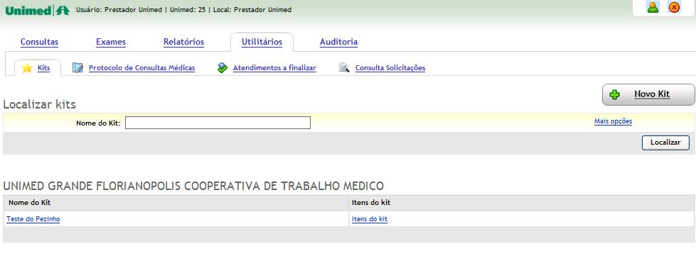 Kits Na aba Kits, é possível adicionar um novo kit, visualizar a lista de kits do local de atendimento e pesquisar por um kit.