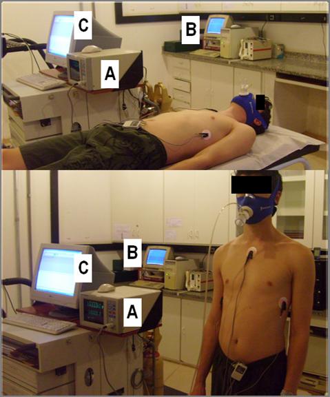 26 Simultaneamente à coleta dos sinais eletrocardiográficos nas posições supina e ortostática, foi realizada a coleta da freqüência respiratória (FR) por meio do sistema ergoespirométrico (CPX/D,