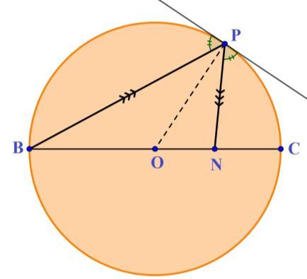 A figura 4 exemplifica o teorema: Figura 4: Teorema dos dois círculos Com esse resultado e a definição de cardioide dada acima já é possível demonstrar que ela pode ser obtida como o invólucro dos