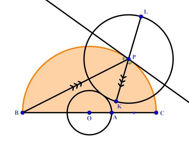 o ponto móvel P, ao longo de uma circunferência de raio 1/3(OB) e centro O (Considerando que o diâmetro KL está, em um momento inicial, sobre o diâmetro BC).