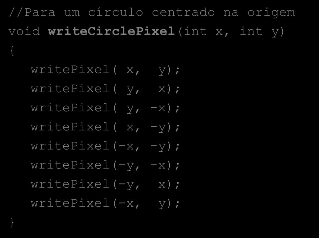 Primitivas de rasterização círculos (3) //Para um círculo centrado na origem void writecirclepixel(int x, int y) { } writepixel( x, y); writepixel( y, x); writepixel( y, -x); writepixel( x, -y);