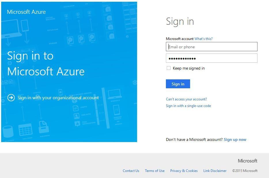 1 Acesse o portal de gerenciamento de contas do Microsoft Azure usando o seu login e senha.