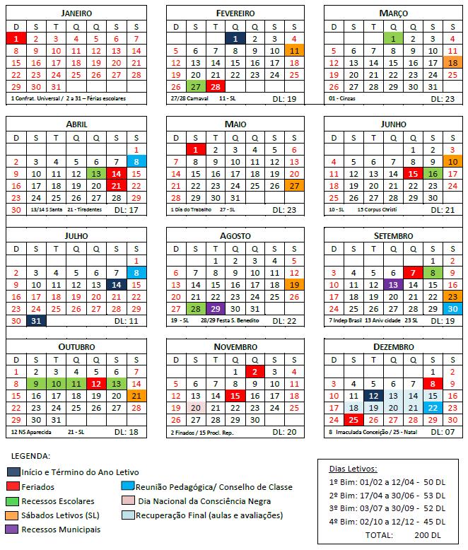 Feriados & Recessos 27 e 28/02; 01/03: Carnaval e Cinzas 13 e 14/04: Semana Santa 21/04 - Tiradentes 01/05: Dia do Trabalhador 15 e 16/06: Corpus Christi 15 a 30/07: RECESSO ESCOLAR 28 e 29/08: São