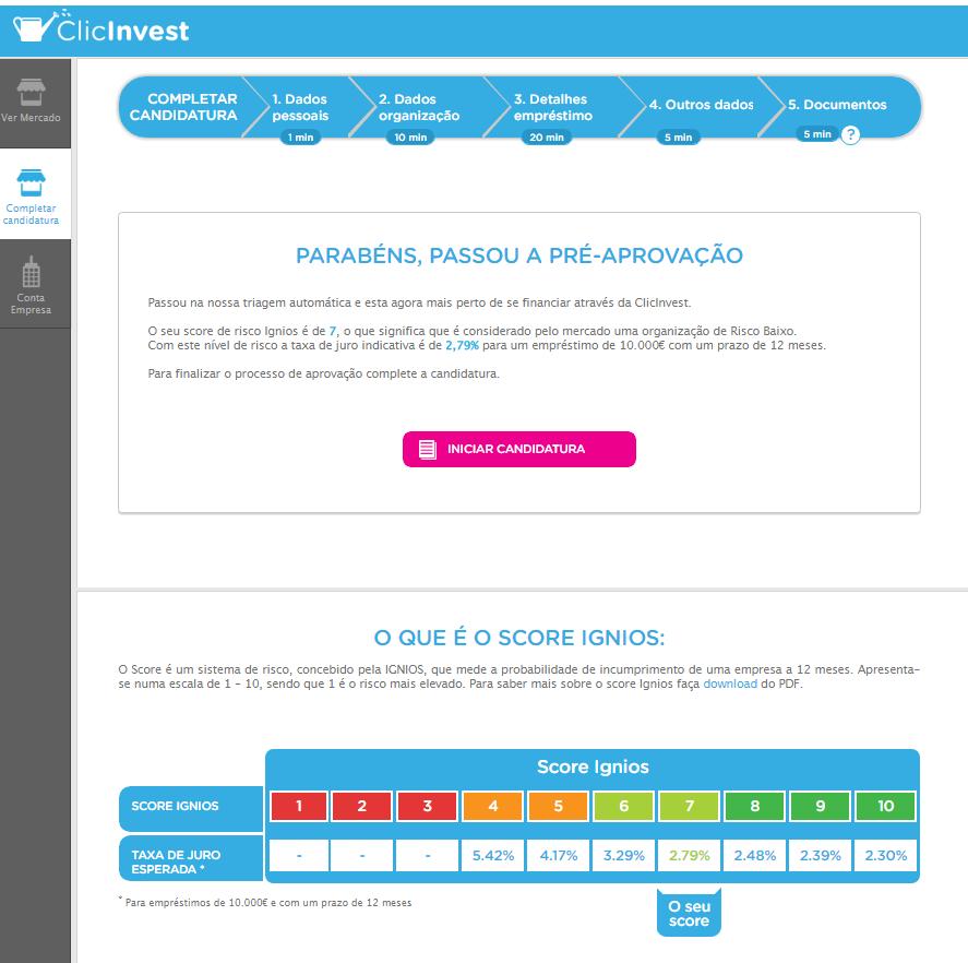 Passo 1: Dados Pessoais Após completar o registo no site tem acesso ao score IGNIOS da sua empresa e ao mercado ClicInvest.