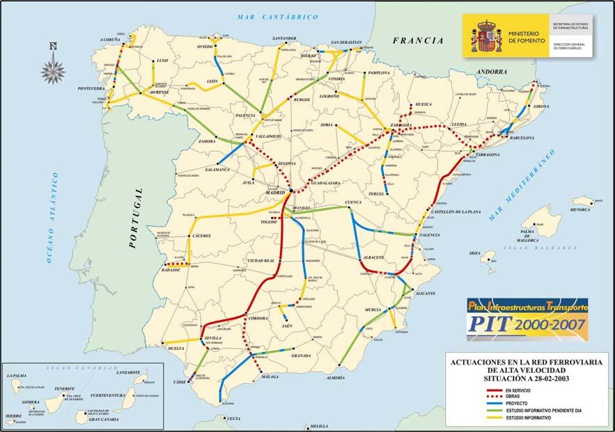 Mapa 2: Plano de Infra-estruturas de Transporte (PIT) - rede de Alta Velocidade espanhola Fonte Espanha: Ministerio de Fomento No que respeita às ligações já existentes actualmente, realçam-se as