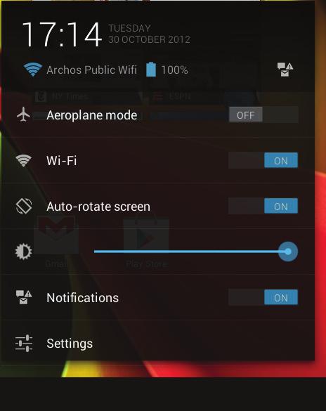 Интерфейс Android TM Быстрые настройки - Airplane mode: Активация/деактивация всех беспроводных соединений, в частности, во время авиаперелета. --WiFi: Включение/выключение соединения Wi-Fi.