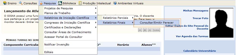 RELATÓRIO FINAL - DOCENTE O docente deve Consultar/Emitir Parecer relatório em SIGAA > PORTAL DO