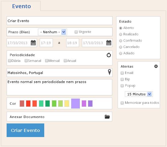 Criar Evento Na página de A minha Agenda deverá aceder à área de Criar Eventos e proceder à criação do mesmo. 1.