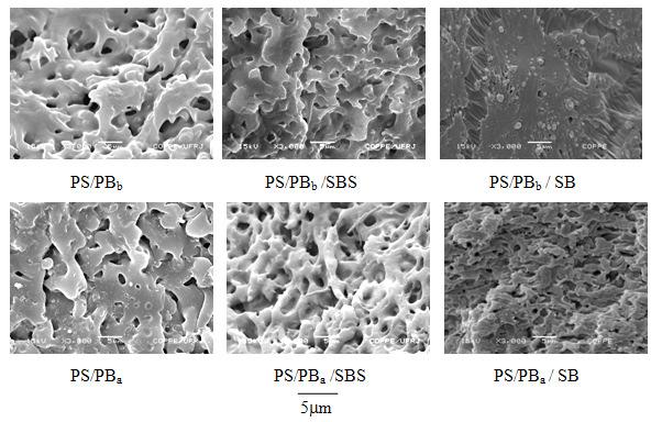 Figura 3. Micrografias de SEM de misturas PS/PB utilizando a técnica de extração com heptano/hexano 1:1 (3 horas). Figura 4.