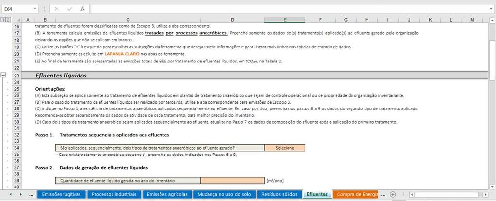 Figura 12 - Tela dos passos 1 e 2 da aba "Efluentes" 3) No passo 3 Dados da composição orgânica do efluente, preencher as células na linha 46, colunas D e E com a quantidade de componente orgânico