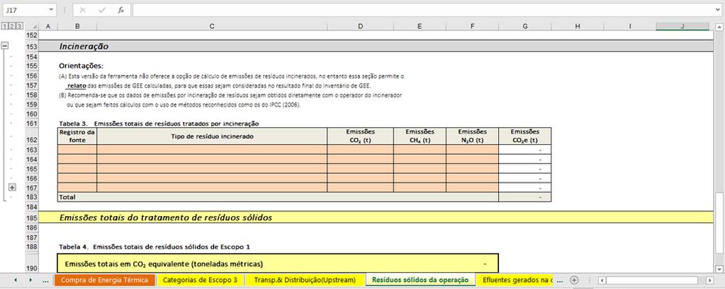 7) Em Incineração : preencha na linha 163, colunas D-F, as emissões de CO 2, CH 4 e N 2O, em toneladas. Figura 20 - Tela da opção "Incineração" na aba Resíduos sólidos da operação.