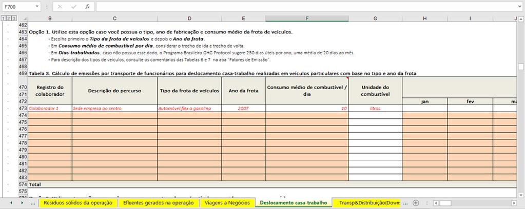 3) Para deslocamento por Veículos particulares: Utilize os dados coletados na Tabela 3 (linha 469) para cálculo da emissão por deslocamento casa-trabalho