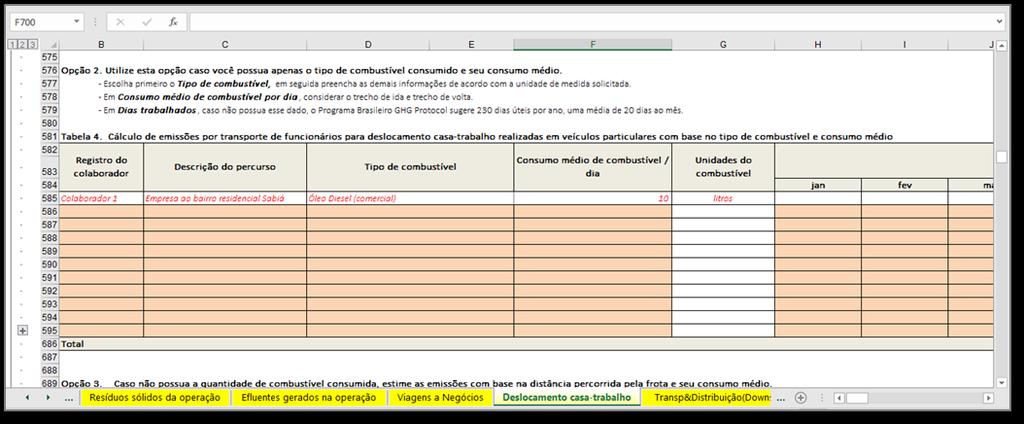 Figura 27 - Tela da opção "Veículos particulares" para cálculo com base no tipo e ano da frota na aba "Deslocamento casatrabalho" Utilize os dados