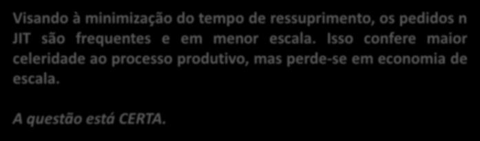 (CESPE / ANAC / 2009) Sistemas de produção embasados no método just-in-time são intensivos em utilização de espaço físico para estocagem de matéria-prima ou de mercadorias a serem vendidas pela