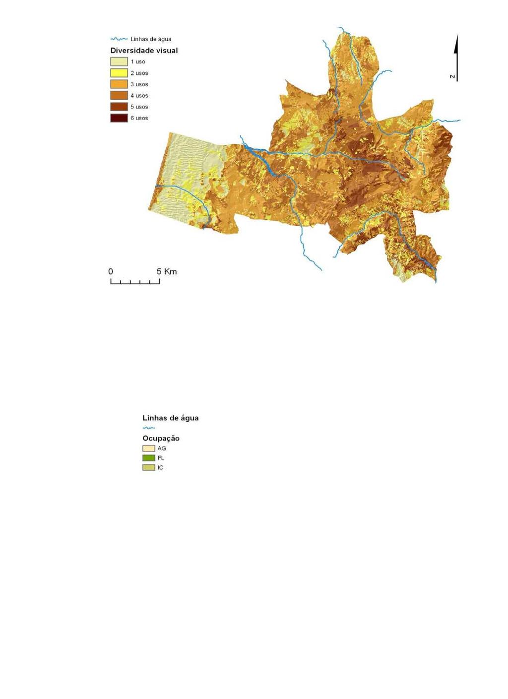 Figura 46 - Diversidade visual da paisagem A variação de diversidade visual em temos de percentagem de área para cada valor de diversidade é significativa (Tabela 18) e a sua distribuição espacial