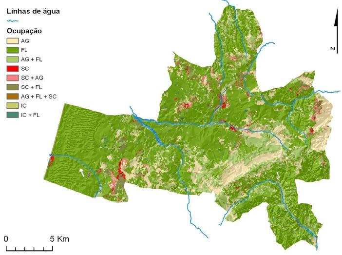 70% da ocupação de bacia visual a floresta é visível em 57.85% da área do concelho, mas quando consideramos o nível mínimo de composição (30%) observa-se este uso em 83.04% do território.
