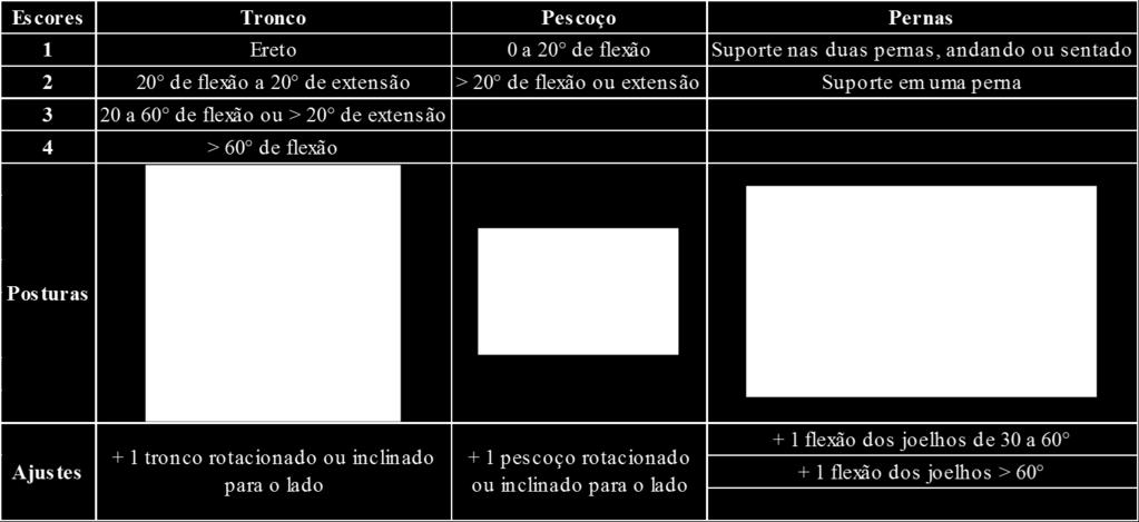 Para o método REBA, os escores de cada postura típica foram encontradas com o auxílio das Tabelas 12 e 13,