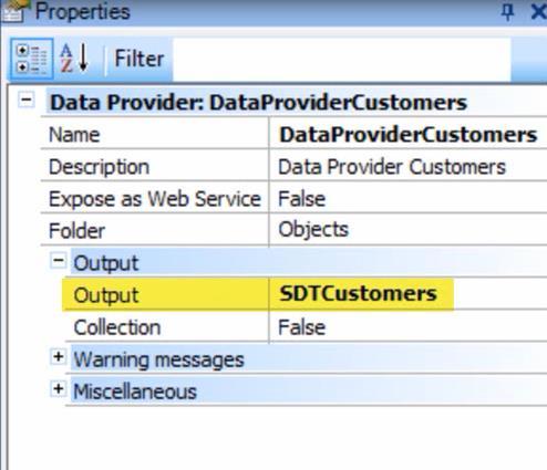 Isso significa que o DataProvider devolverá uma coleção do tipo de dados estruturado SDTCustomers, carregada com dados.